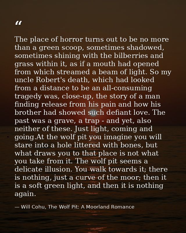 The place of horror turns out to be no more than a green scoop, sometimes shadowed, sometimes shining with the bilberrie — Will Cohu, The Wolf Pit: A Moorland Romance