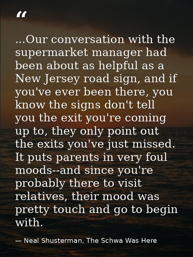 ...Our conversation with the supermarket manager had been about as helpful as a New Jersey road sign, and if you've ever — Neal Shusterman, The Schwa Was Here