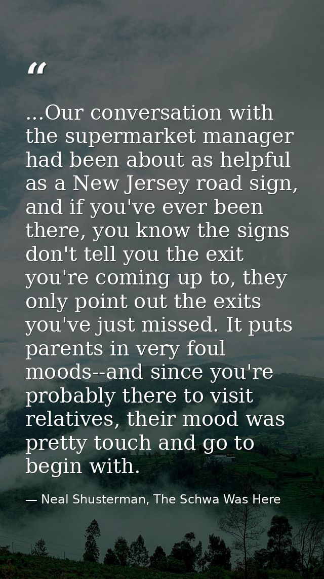 ...Our conversation with the supermarket manager had been about as helpful as a New Jersey road sign, and if you've ever — Neal Shusterman, The Schwa Was Here
