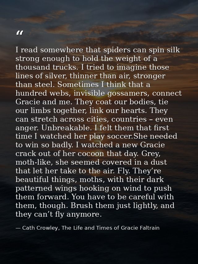 I read somewhere that spiders can spin silk strong enough to hold the weight of a thousand trucks. I tried to imagine th — Cath Crowley, The Life and Times of Gracie Faltrain