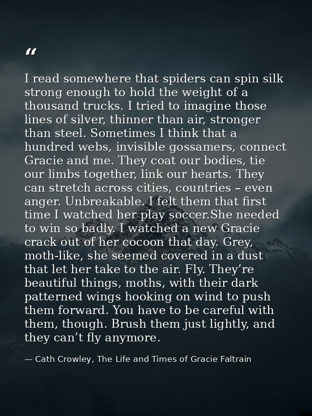 I read somewhere that spiders can spin silk strong enough to hold the weight of a thousand trucks. I tried to imagine th — Cath Crowley, The Life and Times of Gracie Faltrain