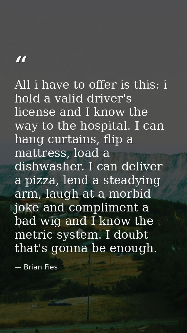All i have to offer is this: i hold a valid driver's license and I know the way to the hospital. I can hang curtains, fl — Brian Fies
