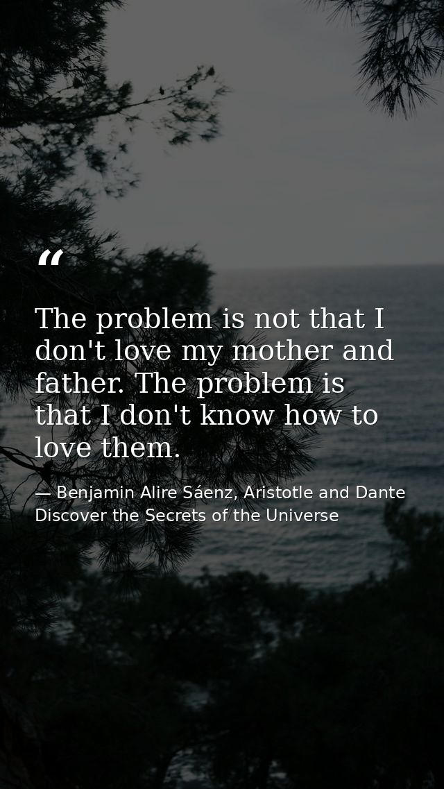 The problem is not that I don't love my mother and father. The problem is that I don't know how to love them. — Benjamin Alire Sáenz, Aristotle and Dante Discover the Secrets of the Universe