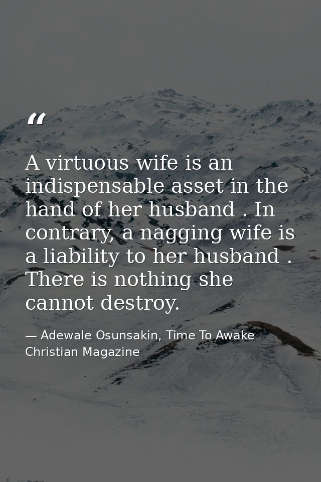 A virtuous wife is an indispensable asset in the hand of her husband . In contrary, a nagging wife is a liability to her — Adewale Osunsakin, Time To Awake Christian Magazine