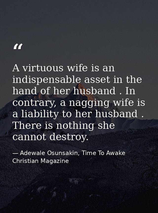 A virtuous wife is an indispensable asset in the hand of her husband . In contrary, a nagging wife is a liability to her — Adewale Osunsakin, Time To Awake Christian Magazine