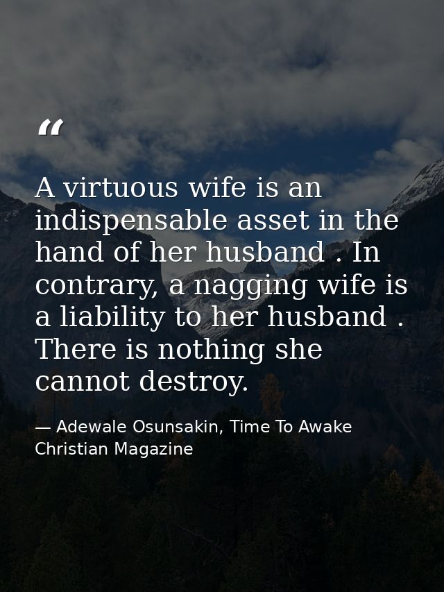 A virtuous wife is an indispensable asset in the hand of her husband . In contrary, a nagging wife is a liability to her — Adewale Osunsakin, Time To Awake Christian Magazine