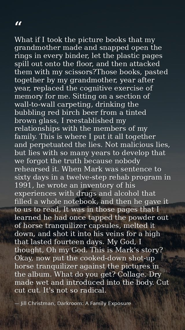 What if I took the picture books that my grandmother made and snapped open the rings in every binder, let the plastic pa — Jill Christman, Darkroom: A Family Exposure
