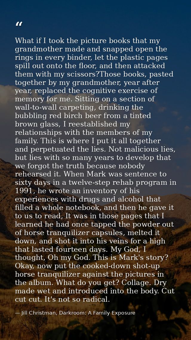 What if I took the picture books that my grandmother made and snapped open the rings in every binder, let the plastic pa — Jill Christman, Darkroom: A Family Exposure