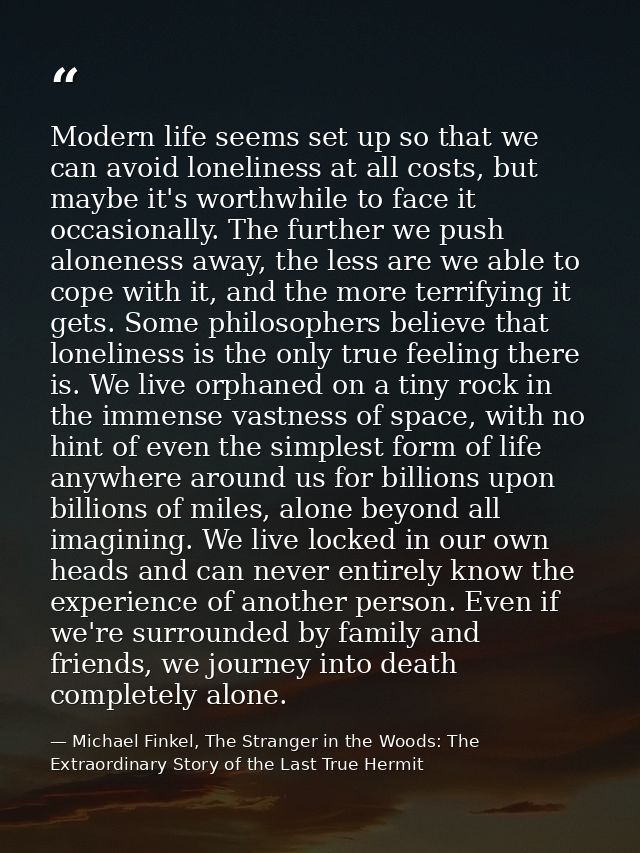 Modern life seems set up so that we can avoid loneliness at all costs, but maybe it's worthwhile to face it occasionally — Michael Finkel, The Stranger in the Woods: The Extraordinary Story of the Last True Hermit