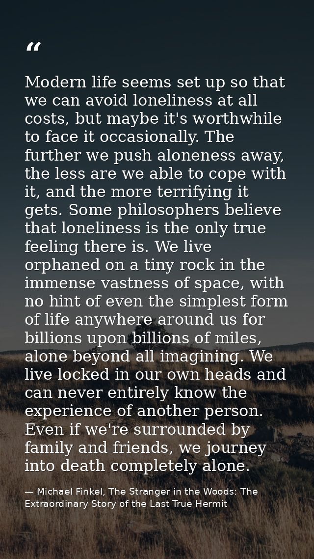 Modern life seems set up so that we can avoid loneliness at all costs, but maybe it's worthwhile to face it occasionally — Michael Finkel, The Stranger in the Woods: The Extraordinary Story of the Last True Hermit
