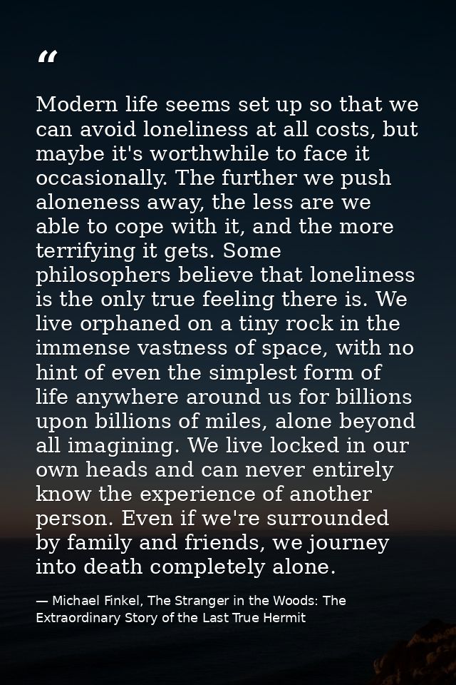 Modern life seems set up so that we can avoid loneliness at all costs, but maybe it's worthwhile to face it occasionally — Michael Finkel, The Stranger in the Woods: The Extraordinary Story of the Last True Hermit