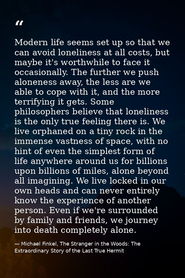 Modern life seems set up so that we can avoid loneliness at all costs, but maybe it's worthwhile to face it occasionally — Michael Finkel, The Stranger in the Woods: The Extraordinary Story of the Last True Hermit