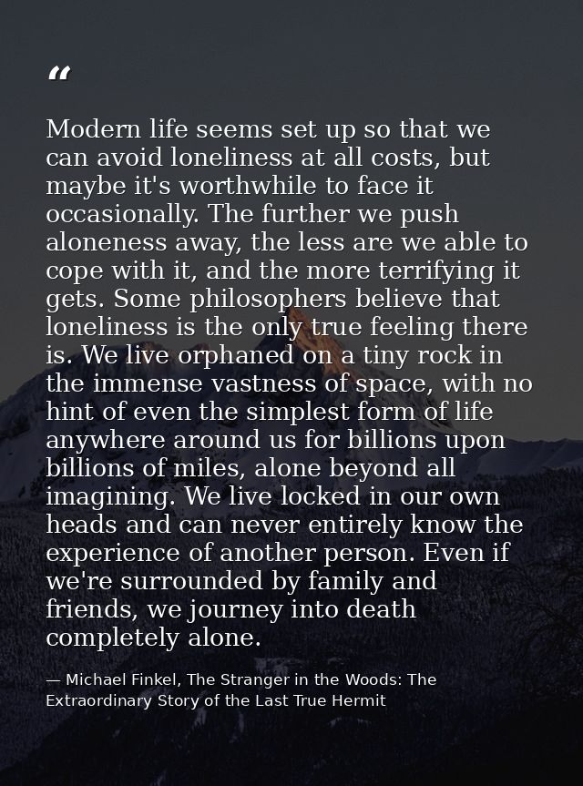 Modern life seems set up so that we can avoid loneliness at all costs, but maybe it's worthwhile to face it occasionally — Michael Finkel, The Stranger in the Woods: The Extraordinary Story of the Last True Hermit