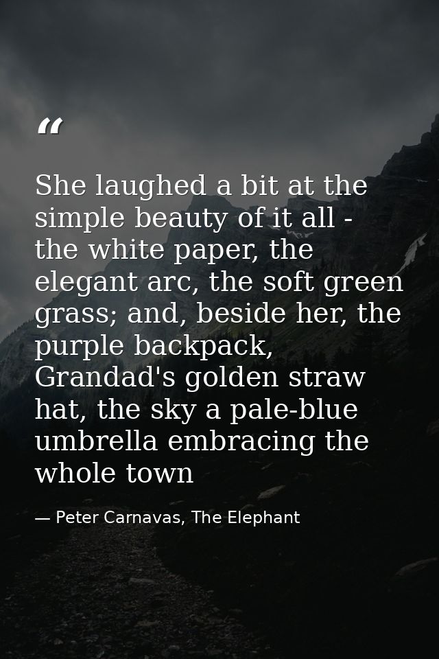 She laughed a bit at the simple beauty of it all - the white paper, the elegant arc, the soft green grass; and, beside h — Peter Carnavas, The Elephant