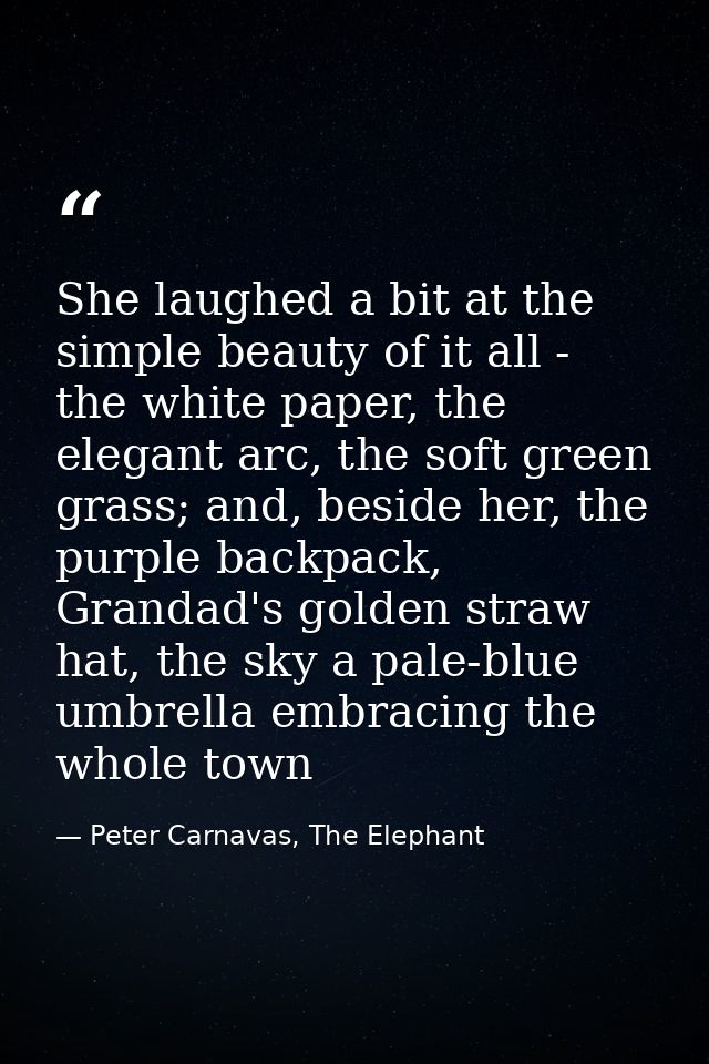 She laughed a bit at the simple beauty of it all - the white paper, the elegant arc, the soft green grass; and, beside h — Peter Carnavas, The Elephant
