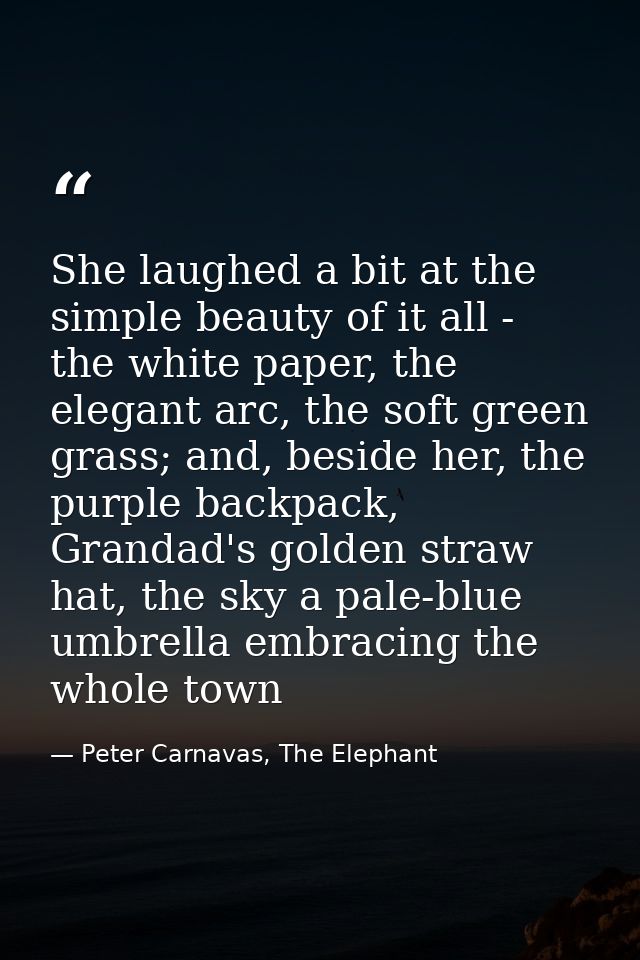 She laughed a bit at the simple beauty of it all - the white paper, the elegant arc, the soft green grass; and, beside h — Peter Carnavas, The Elephant
