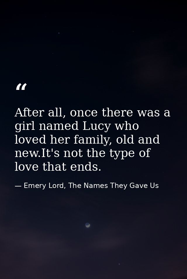 After all, once there was a girl named Lucy who loved her family, old and new.It's not the type of love that ends. — Emery Lord, The Names They Gave Us