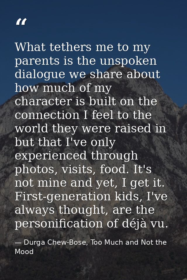 What tethers me to my parents is the unspoken dialogue we share about how much of my character is built on the connectio — Durga Chew-Bose, Too Much and Not the Mood