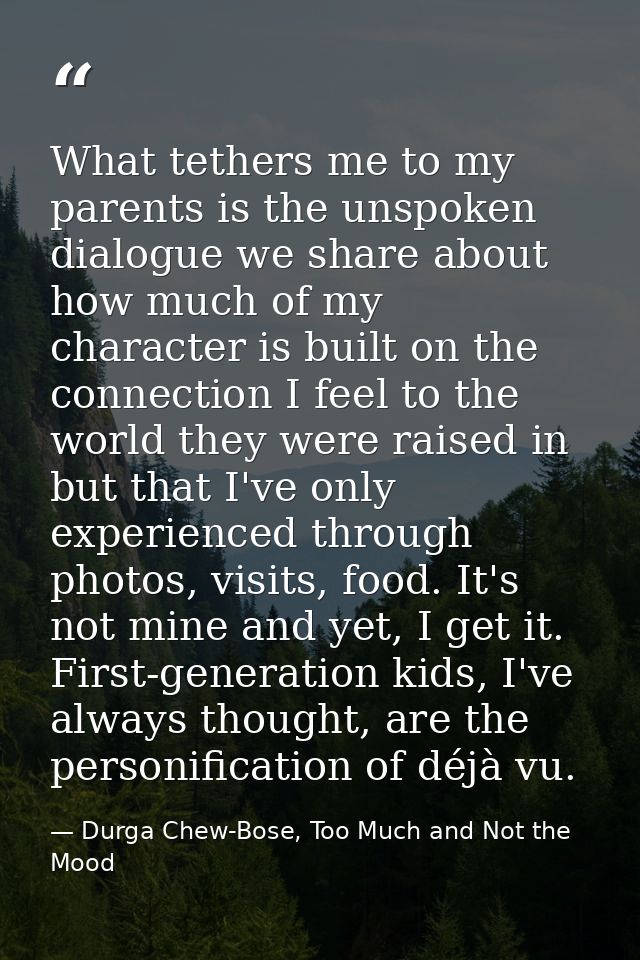 What tethers me to my parents is the unspoken dialogue we share about how much of my character is built on the connectio — Durga Chew-Bose, Too Much and Not the Mood