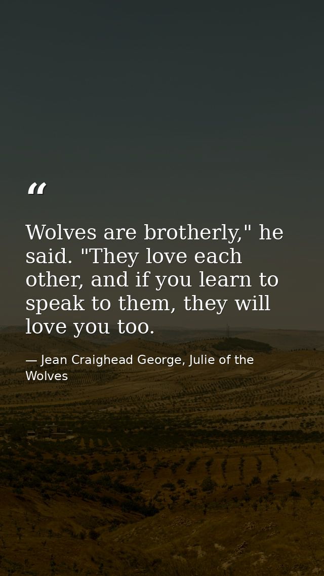 Wolves are brotherly," he said. "They love each other, and if you learn to speak to them, they will love you too. — Jean Craighead George, Julie of the Wolves