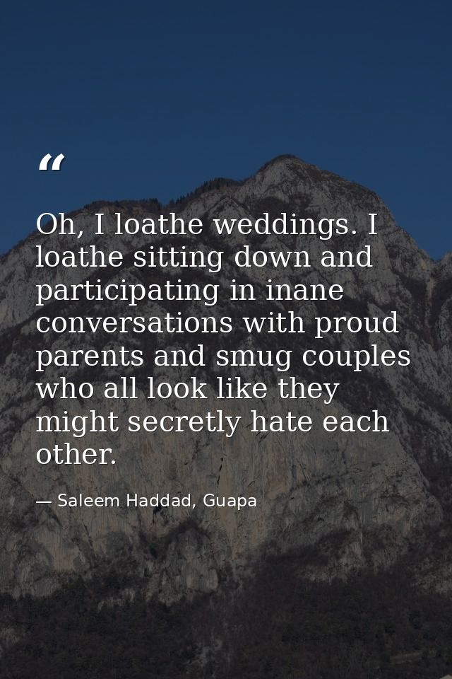 Oh, I loathe weddings. I loathe sitting down and participating in inane conversations with proud parents and smug couple — Saleem Haddad, Guapa