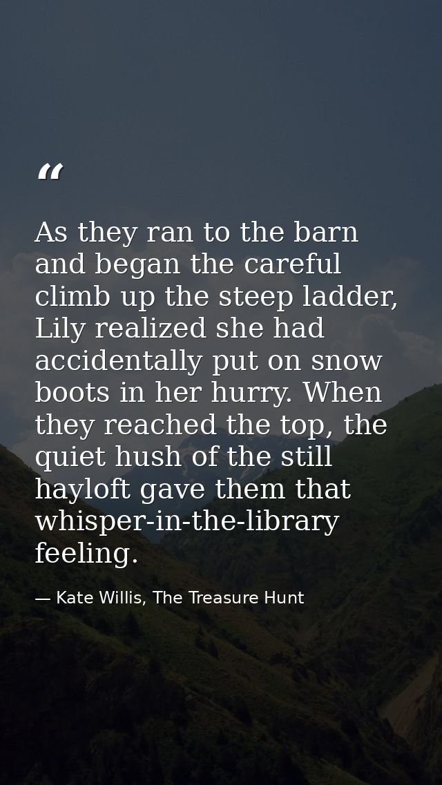 As they ran to the barn and began the careful climb up the steep ladder, Lily realized she had accidentally put on snow  — Kate Willis, The Treasure Hunt