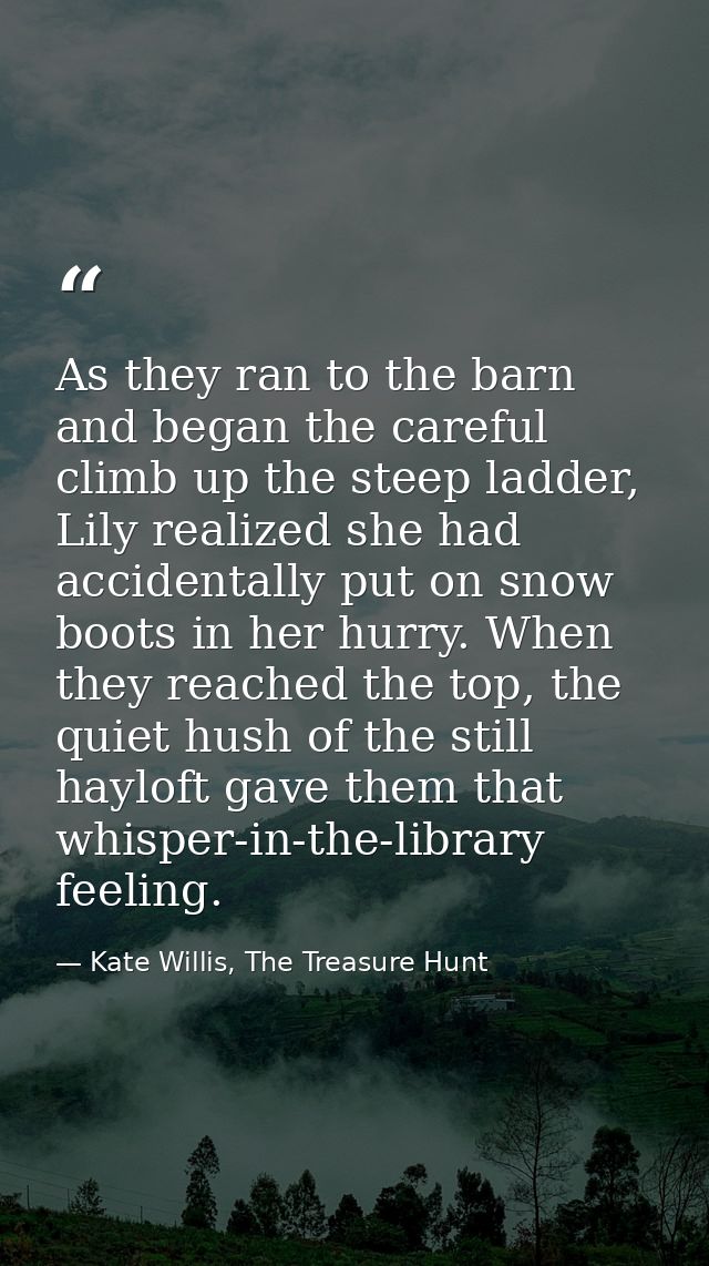 As they ran to the barn and began the careful climb up the steep ladder, Lily realized she had accidentally put on snow  — Kate Willis, The Treasure Hunt