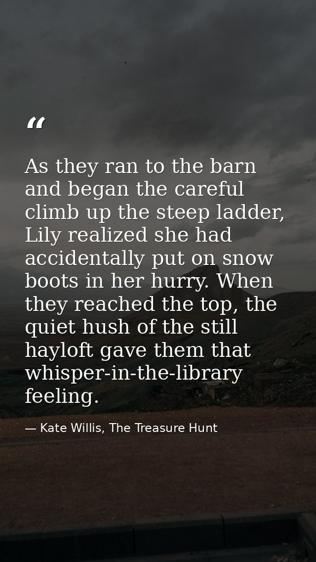 As they ran to the barn and began the careful climb up the steep ladder, Lily realized she had accidentally put on snow  — Kate Willis, The Treasure Hunt