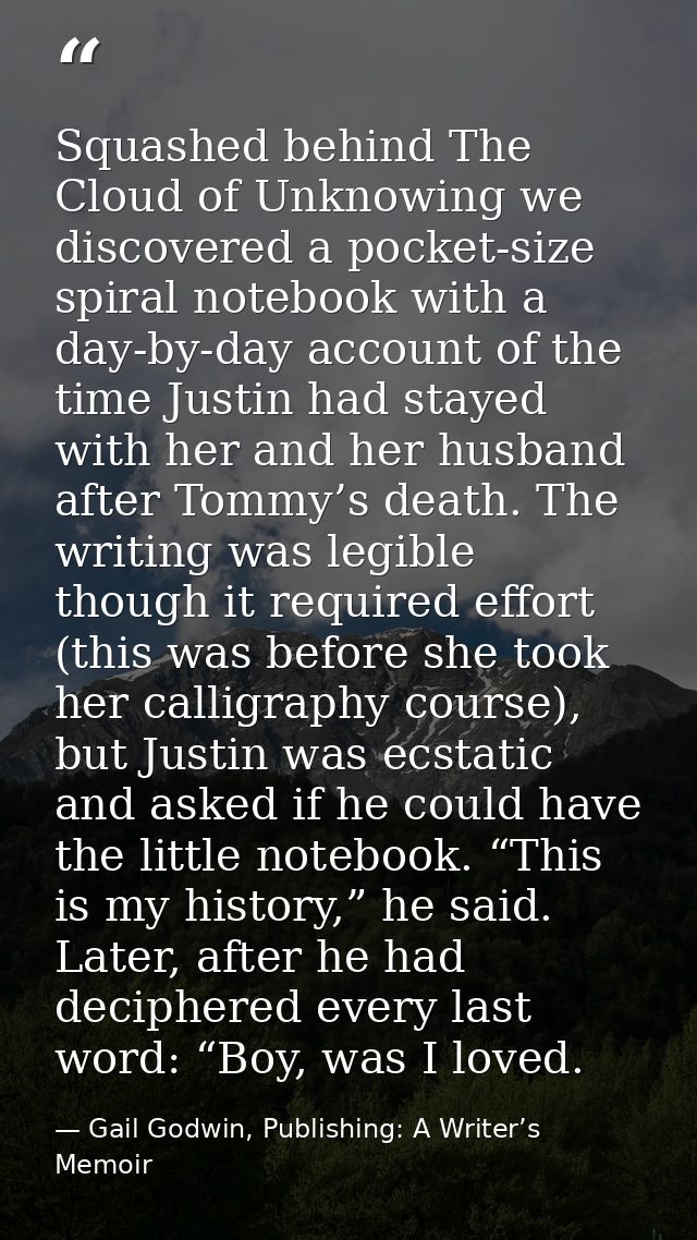 Squashed behind The Cloud of Unknowing we discovered a pocket-size spiral notebook with a day-by-day account of the time — Gail Godwin, Publishing: A Writer’s Memoir