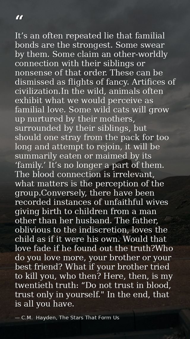 It’s an often repeated lie that familial bonds are the strongest. Some swear by them. Some claim an other-worldly connec — C.M.  Hayden, The Stars That Form Us