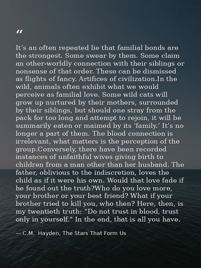 It’s an often repeated lie that familial bonds are the strongest. Some swear by them. Some claim an other-worldly connec — C.M.  Hayden, The Stars That Form Us