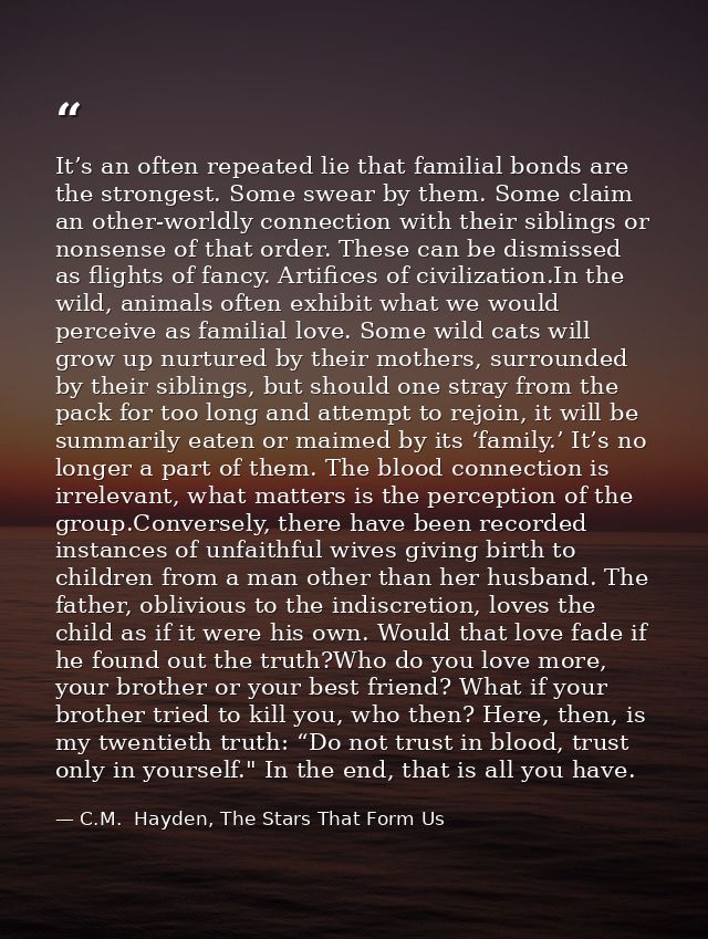 It’s an often repeated lie that familial bonds are the strongest. Some swear by them. Some claim an other-worldly connec — C.M.  Hayden, The Stars That Form Us