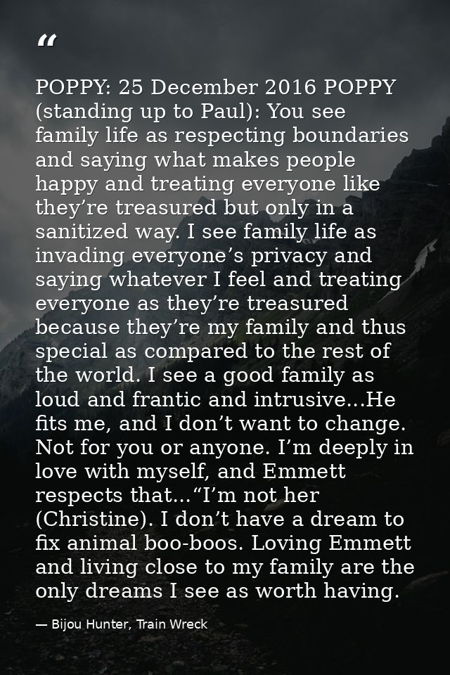 POPPY: 25 December 2016 POPPY (standing up to Paul): You see family life as respecting boundaries and saying what makes  — Bijou Hunter, Train Wreck