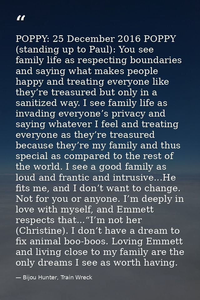 POPPY: 25 December 2016 POPPY (standing up to Paul): You see family life as respecting boundaries and saying what makes  — Bijou Hunter, Train Wreck