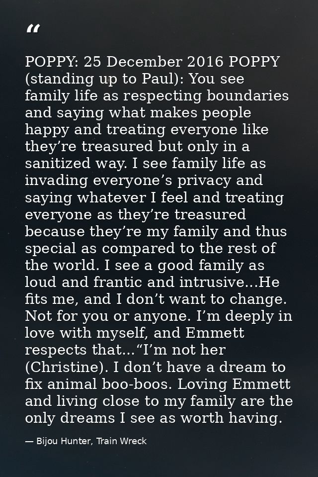 POPPY: 25 December 2016 POPPY (standing up to Paul): You see family life as respecting boundaries and saying what makes  — Bijou Hunter, Train Wreck