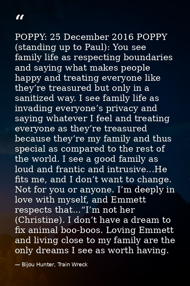 POPPY: 25 December 2016 POPPY (standing up to Paul): You see family life as respecting boundaries and saying what makes  — Bijou Hunter, Train Wreck