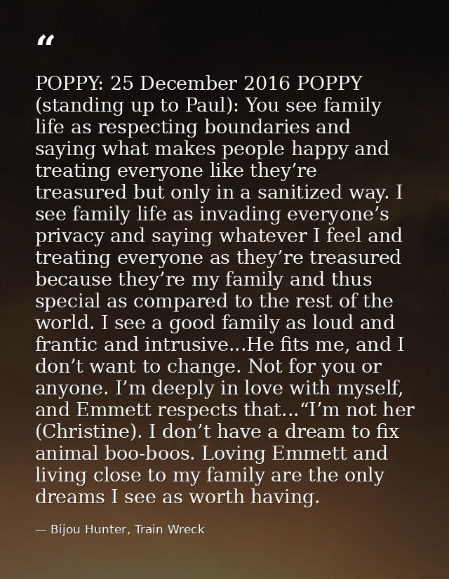 POPPY: 25 December 2016 POPPY (standing up to Paul): You see family life as respecting boundaries and saying what makes  — Bijou Hunter, Train Wreck