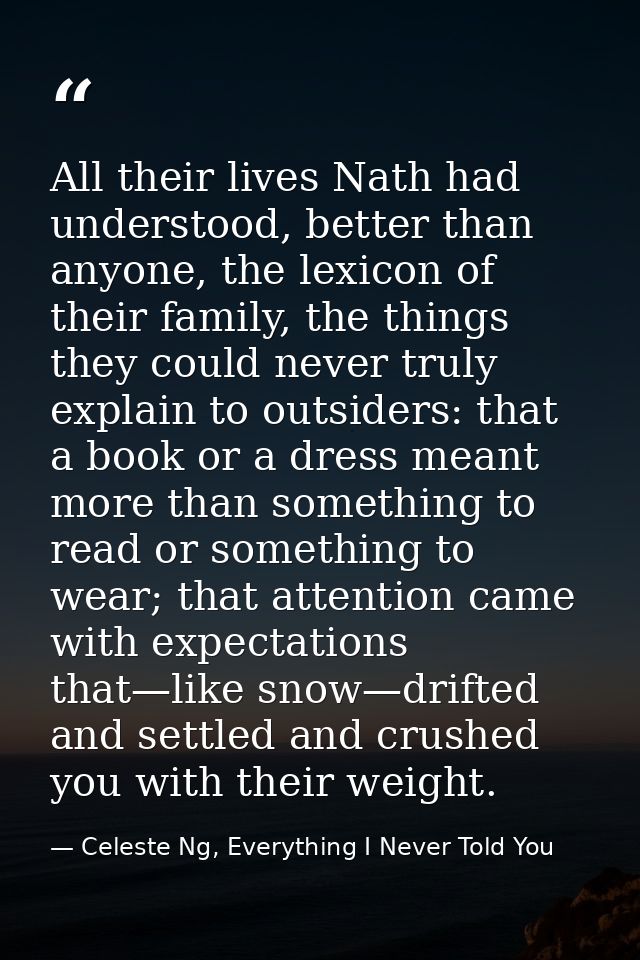 All their lives Nath had understood, better than anyone, the lexicon of their family, the things they could never truly  — Celeste Ng, Everything I Never Told You