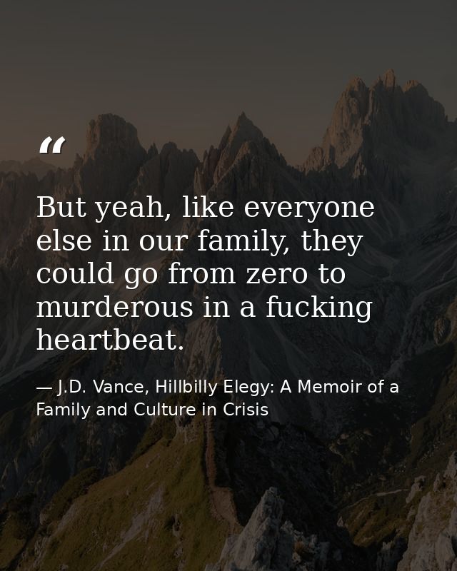 But yeah, like everyone else in our family, they could go from zero to murderous in a fucking heartbeat. — J.D. Vance, Hillbilly Elegy: A Memoir of a Family and Culture in Crisis