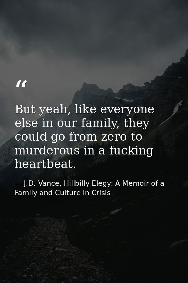 But yeah, like everyone else in our family, they could go from zero to murderous in a fucking heartbeat. — J.D. Vance, Hillbilly Elegy: A Memoir of a Family and Culture in Crisis