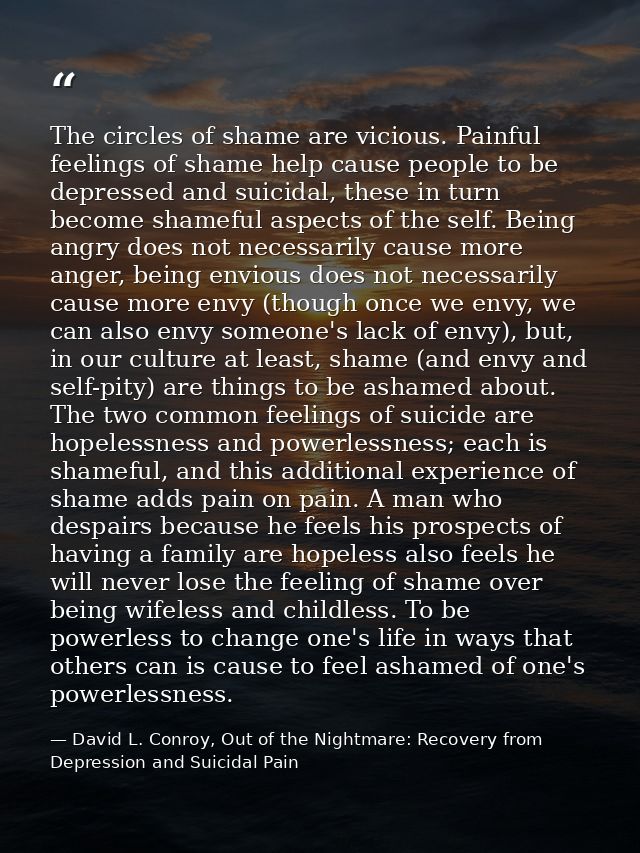 The circles of shame are vicious. Painful feelings of shame help cause people to be depressed and suicidal, these in tur — David L. Conroy, Out of the Nightmare: Recovery from Depression and Suicidal Pain