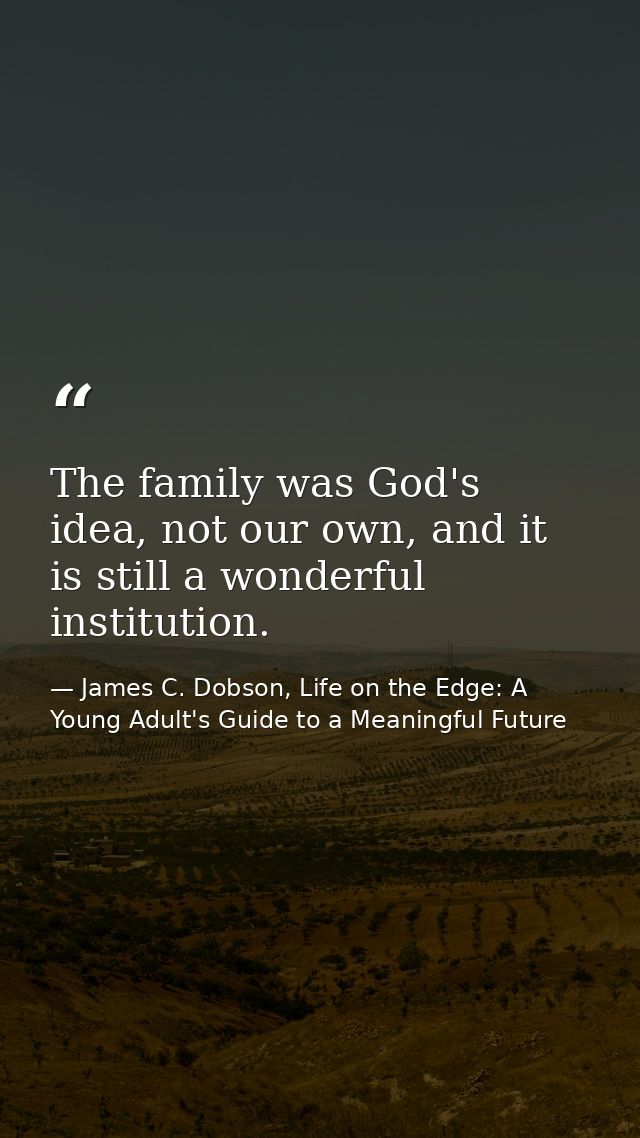 The family was God's idea, not our own, and it is still a wonderful institution. — James C. Dobson, Life on the Edge: A Young Adult's Guide to a Meaningful Future