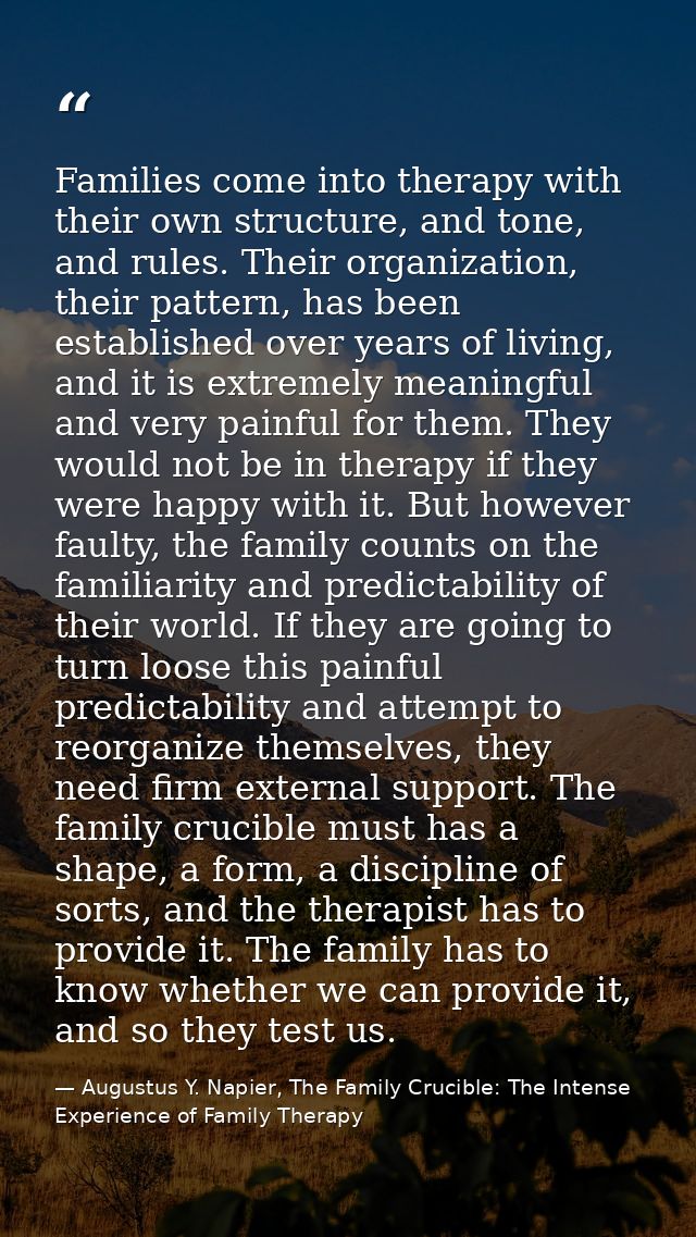 Families come into therapy with their own structure, and tone, and rules. Their organization, their pattern, has been es — Augustus Y. Napier, The Family Crucible: The Intense Experience of Family Therapy