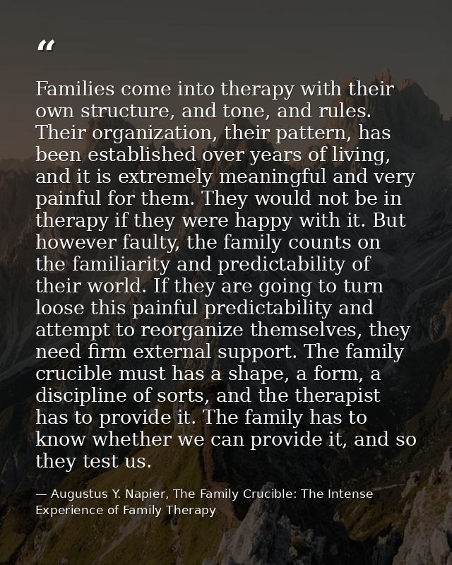 Families come into therapy with their own structure, and tone, and rules. Their organization, their pattern, has been es — Augustus Y. Napier, The Family Crucible: The Intense Experience of Family Therapy