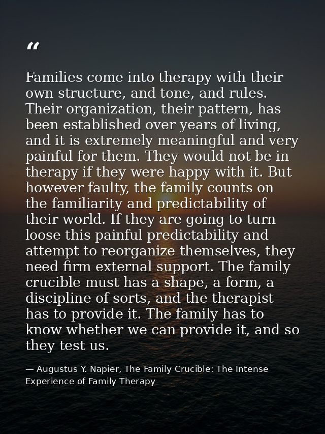 Families come into therapy with their own structure, and tone, and rules. Their organization, their pattern, has been es — Augustus Y. Napier, The Family Crucible: The Intense Experience of Family Therapy