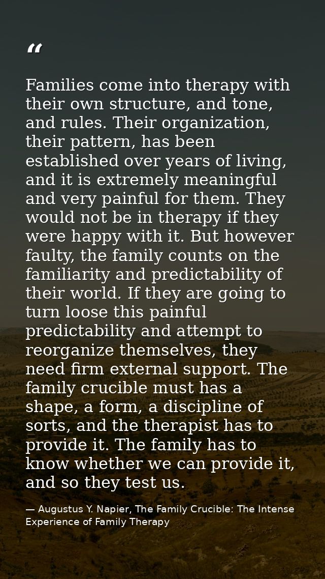 Families come into therapy with their own structure, and tone, and rules. Their organization, their pattern, has been es — Augustus Y. Napier, The Family Crucible: The Intense Experience of Family Therapy