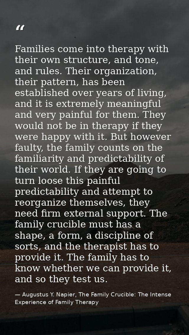 Families come into therapy with their own structure, and tone, and rules. Their organization, their pattern, has been es — Augustus Y. Napier, The Family Crucible: The Intense Experience of Family Therapy