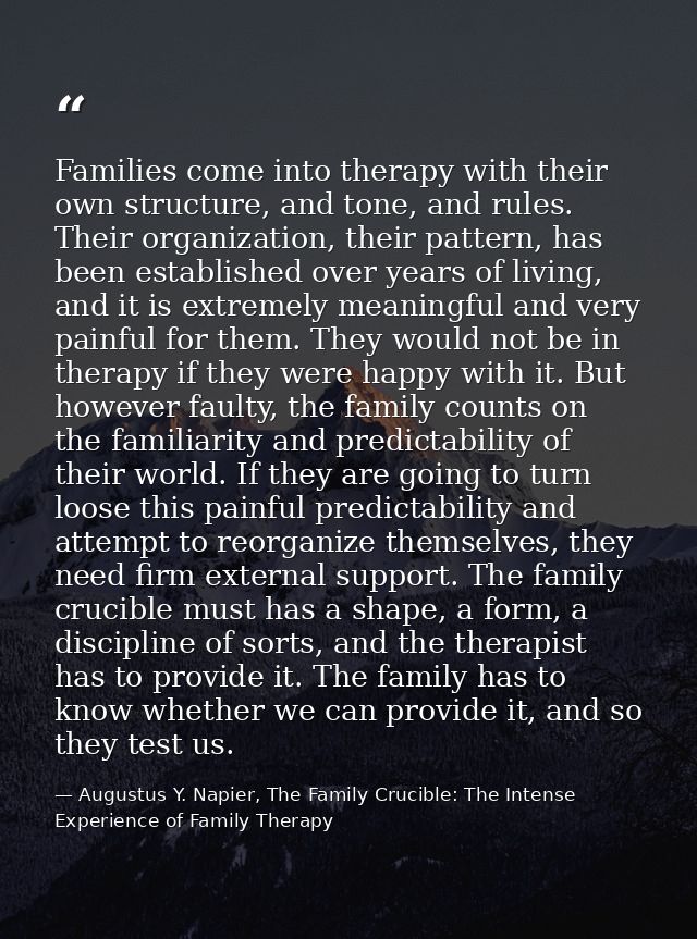 Families come into therapy with their own structure, and tone, and rules. Their organization, their pattern, has been es — Augustus Y. Napier, The Family Crucible: The Intense Experience of Family Therapy