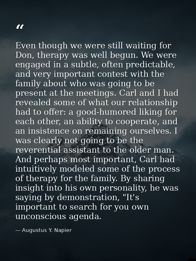 Even though we were still waiting for Don, therapy was well begun. We were engaged in a subtle, often predictable, and v — Augustus Y. Napier