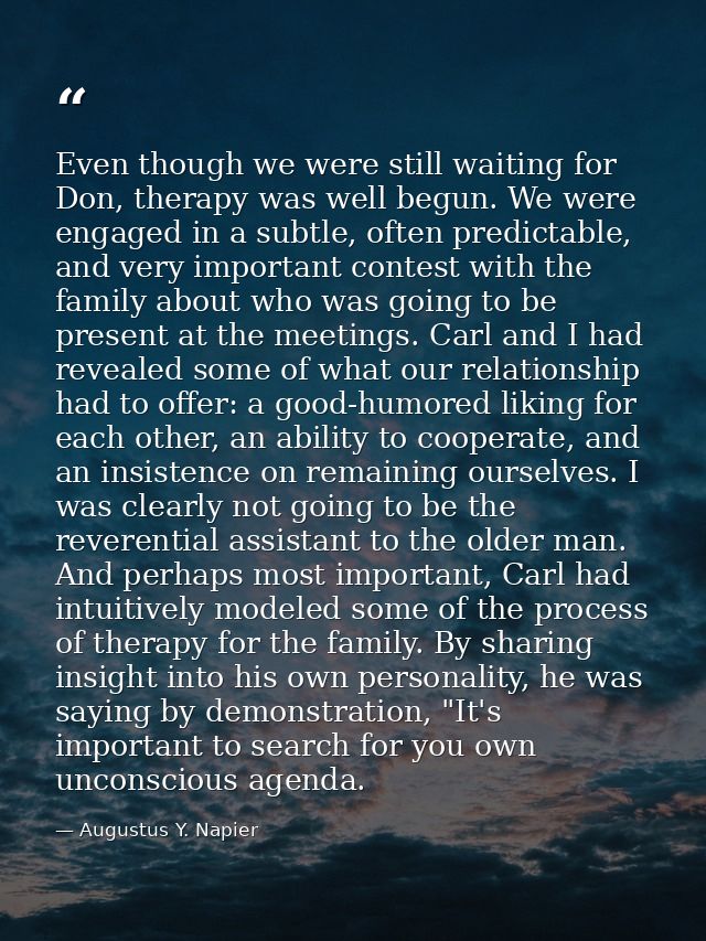Even though we were still waiting for Don, therapy was well begun. We were engaged in a subtle, often predictable, and v — Augustus Y. Napier